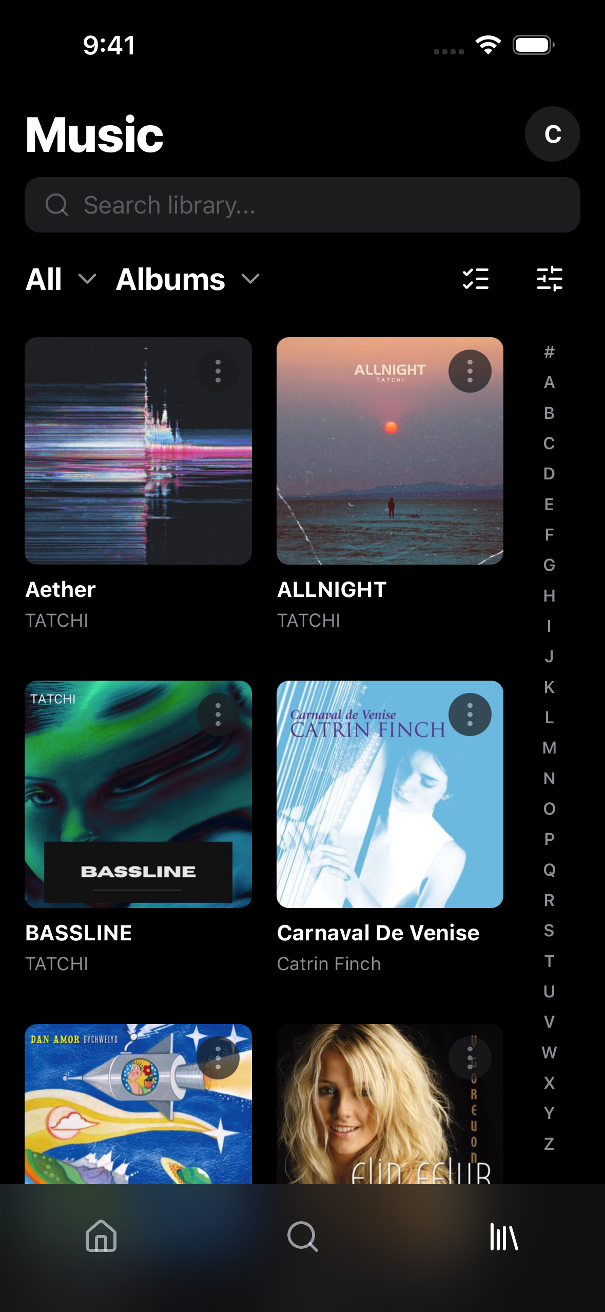 Headroom demo Library sorted by name, with album artwork and the aligned A–Z seek bar