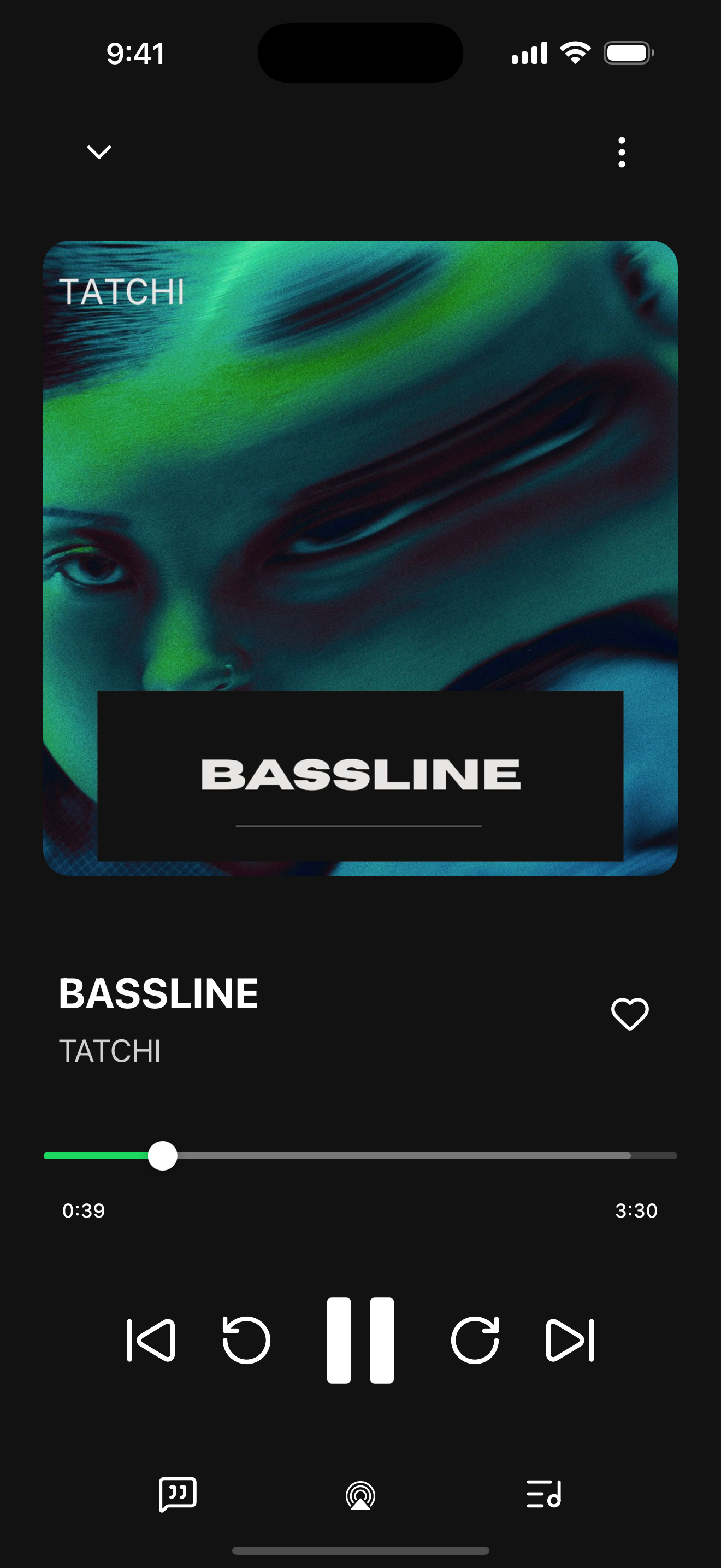 Headroom on iPhone, playing Bassline by Tatchi with large album artwork and playback controls