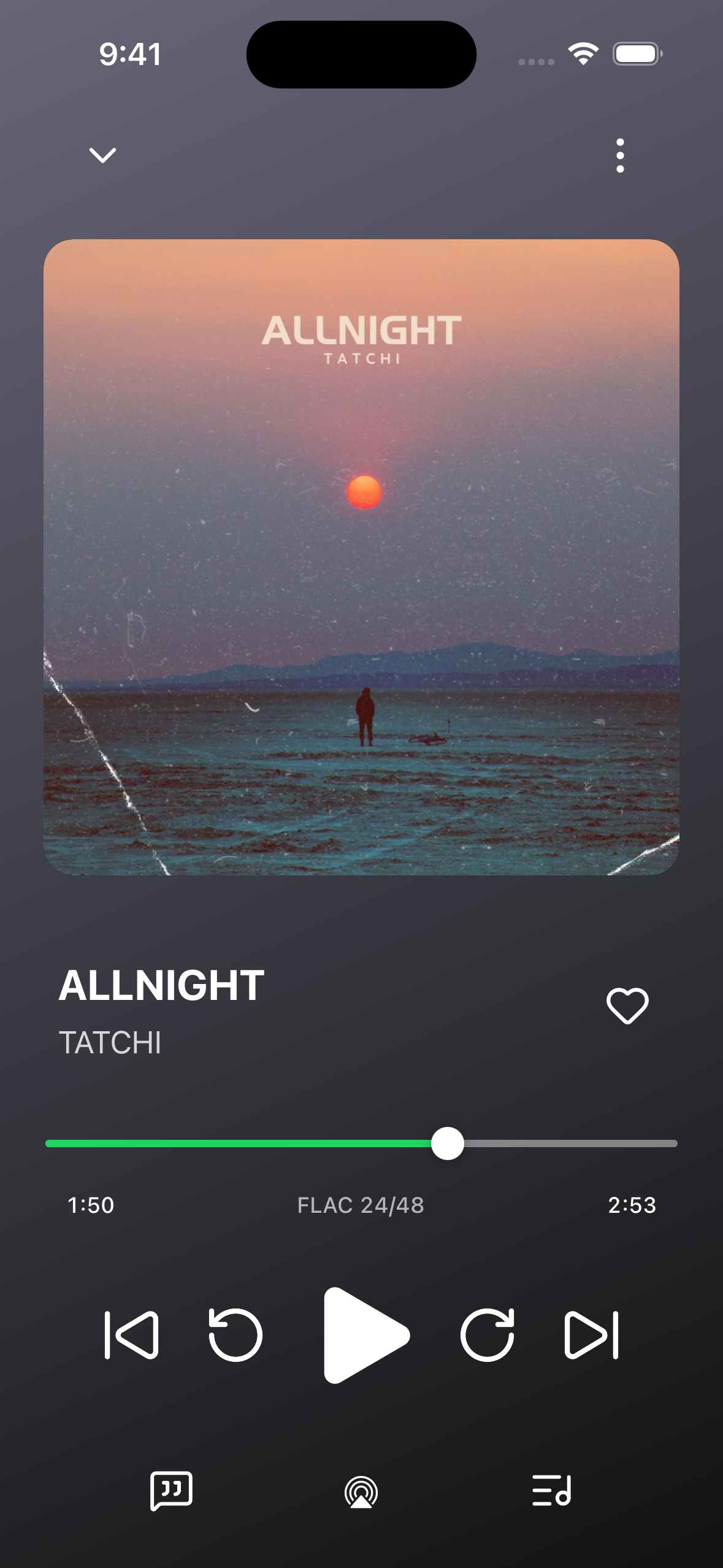 Headroom on iPhone, showing ALLNIGHT by TATCHI with large album artwork and playback controls