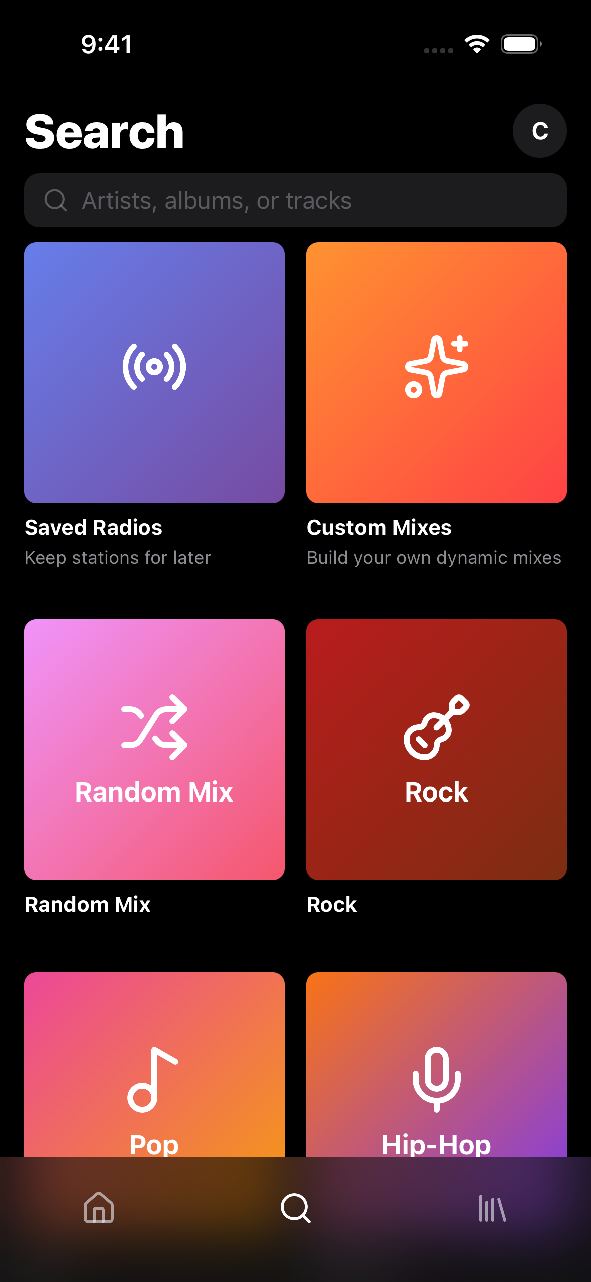 Headroom Search with custom mixes, a random mix, and genre shortcuts
